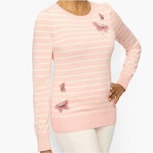 Talbots CREWNECK SWEATER EMBROIDERED BUTTERFLY STRIPE pink & white medium petite